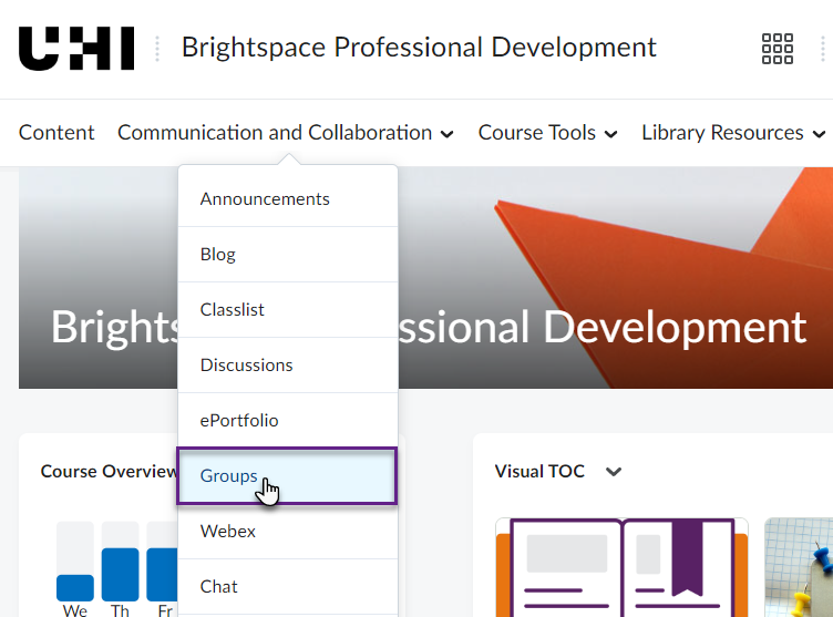 Brightspace homepage_Communication and Collaboration drop-down menu